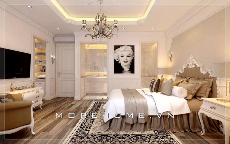 Giường ngủ biệt thự với chất liệu gỗ tự nhiên phun sơn trắng cao cấp, phần đầu giường bọc da sang trọng mang lại nét tươi mới cho căn phòng